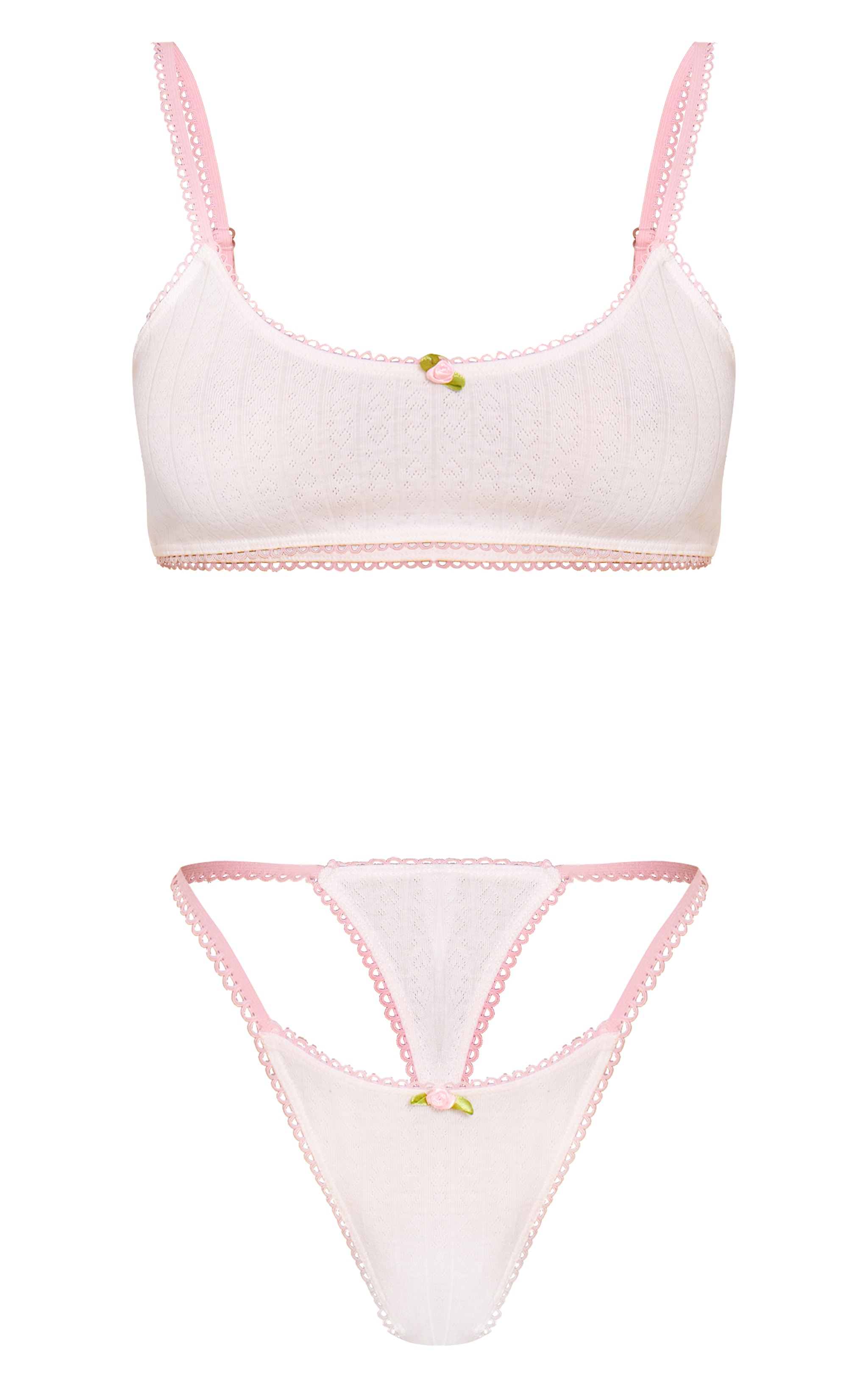 White Contrast Pointelle Bralette Thong Set image 5