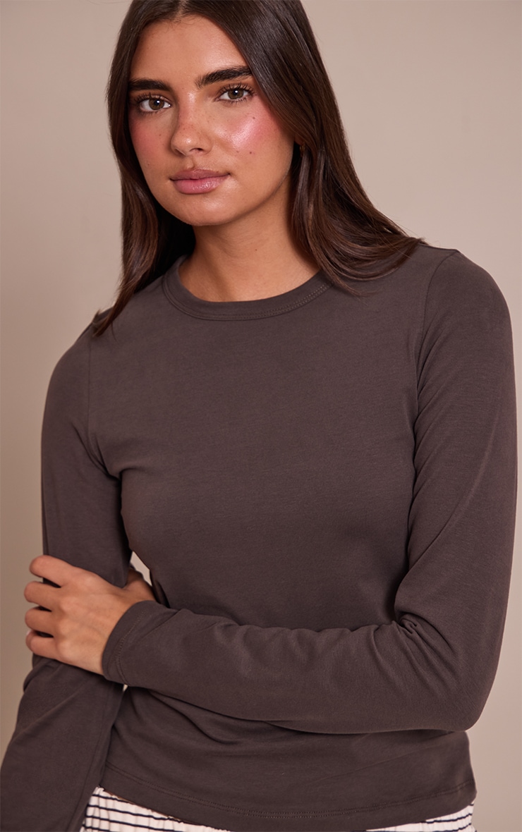 Dark Chocolate Soft Cotton Crew Neck Longline Long Sleeve Top image 4