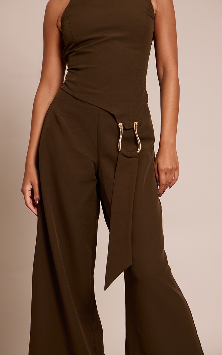 Khaki Woven Belt Trim Detail Straight Leg Jumpsuit image 4
