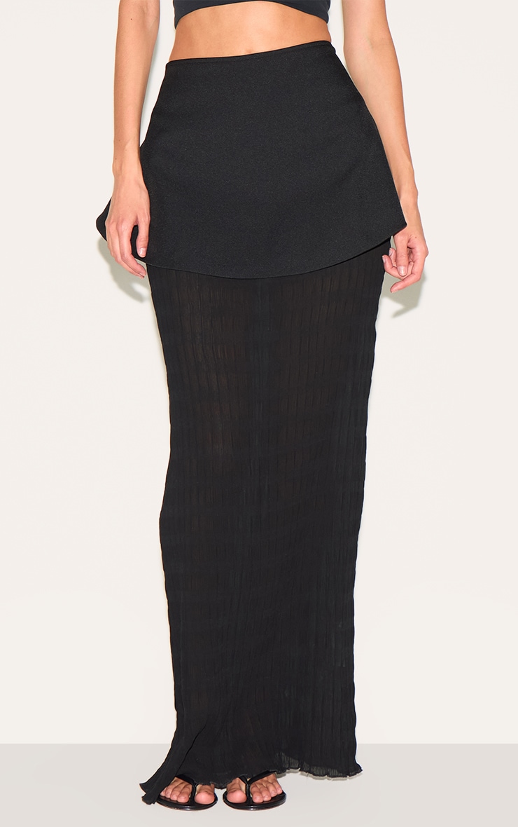 Black Overlay Detail Textured Woven Maxi Skirt | Bottoms