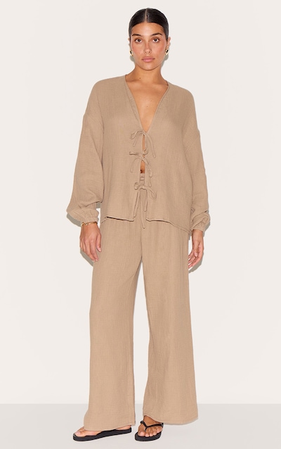 Petite Mushroom Cheesecloth Textured Wide Leg Pant