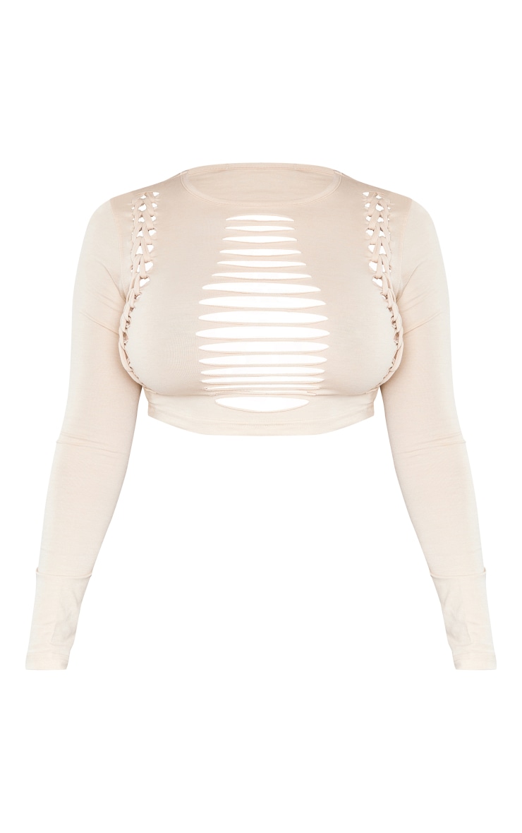 Shape Crop top gris pierre en coton déchiré à manches longues image 5