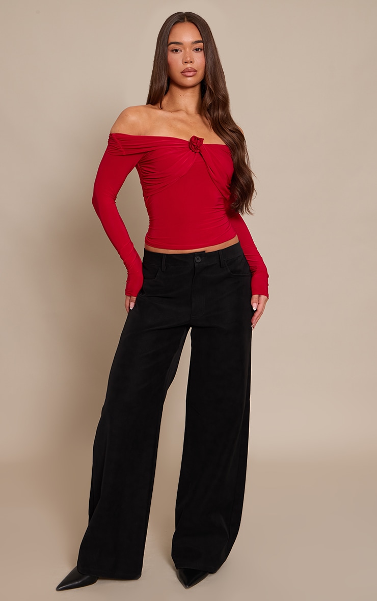 Red Slinky Applique Detail Bardot Long Sleeve Top image 3