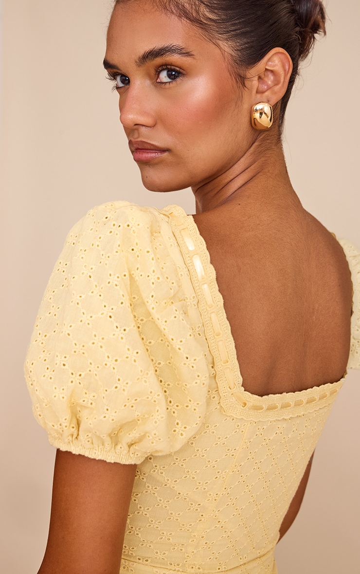 Yellow Broderie Puff Sleeve A-line Mini Dress image 4