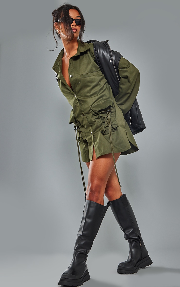 Khaki Twill Oversized Lace Pocket Detail Shirt Dress image 3