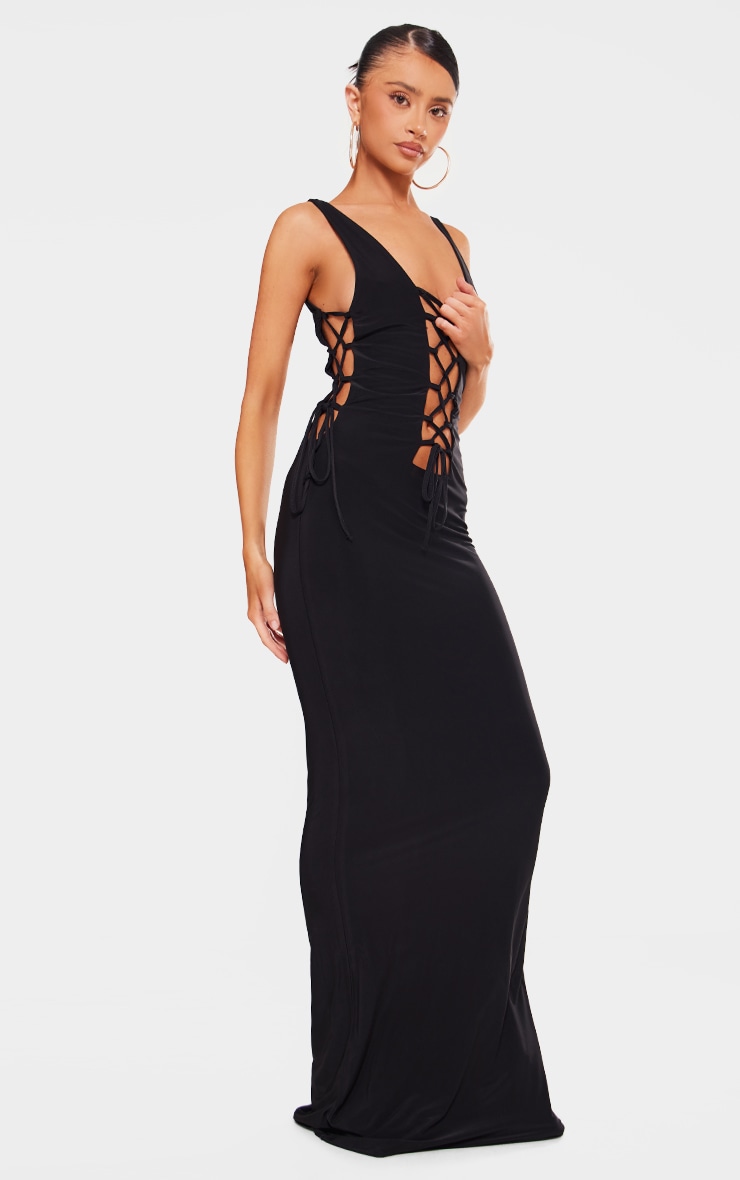 Petite Black Double Layer Lace Up Detail Maxi Dress image 3