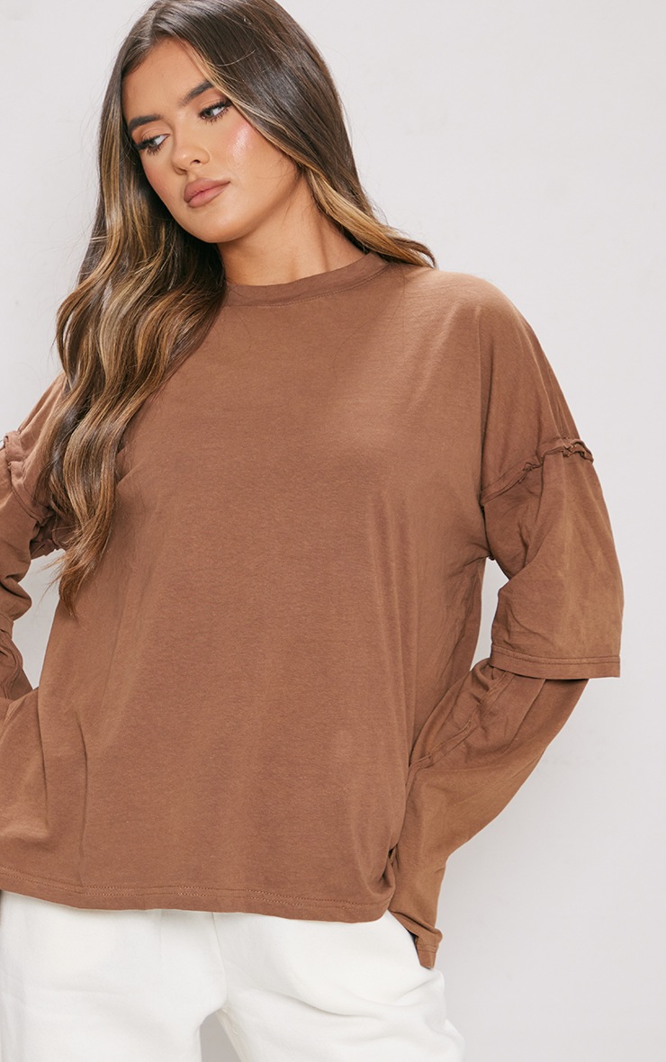 Brown Washed Cotton Raw Edge Double Long Sleeve T Shirt image 4