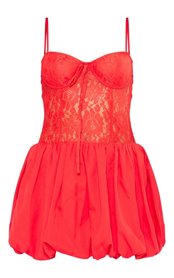 Red Woven Puffball Lace Mini Dress Dresses PrettyLittleThing