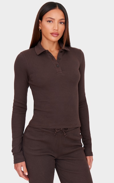 Tall Chocolate Collared Long Sleeve Rib Top