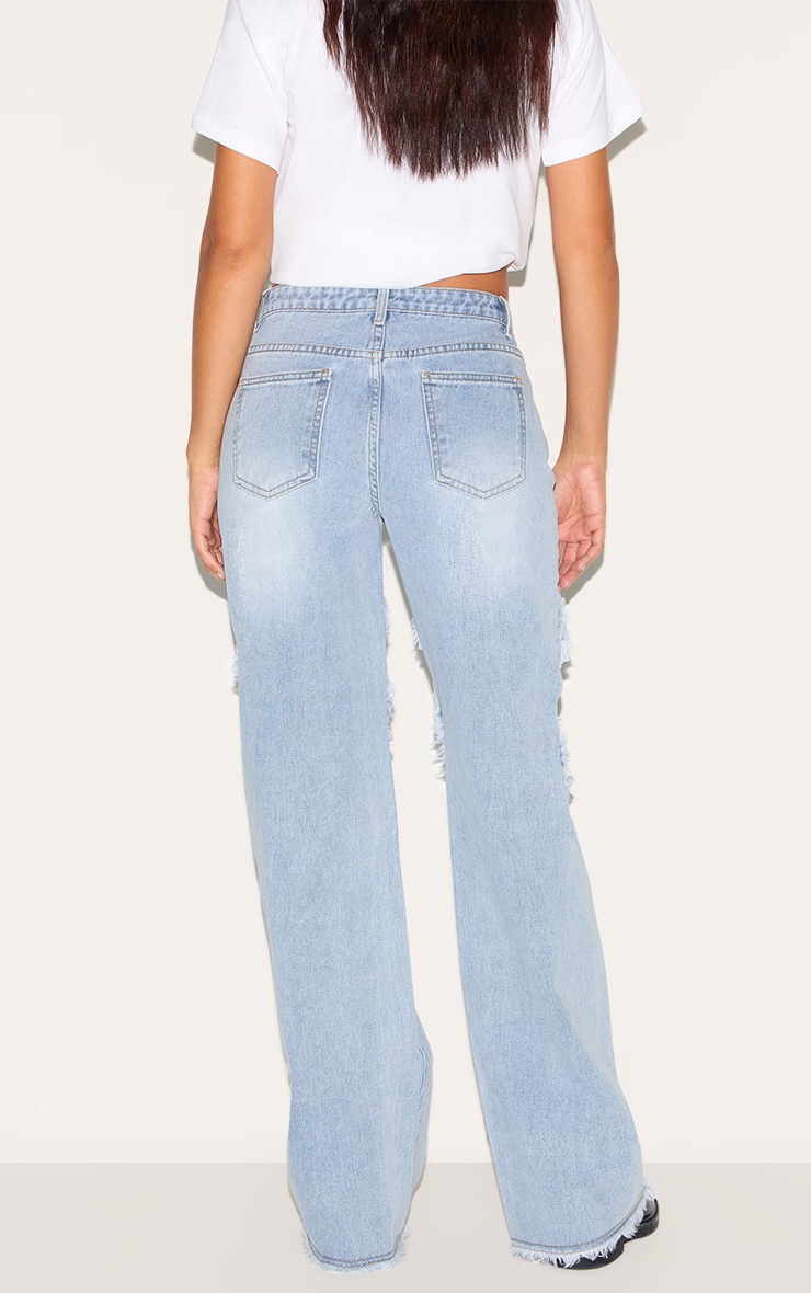 Tall Light Blue Wash Mid Rise Raw Seam Detail Wide Leg Jeans image 3