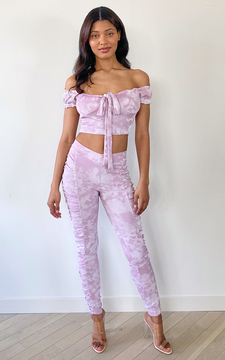 Tall Mauve Tie Dye Ruched Front Seam Leggings