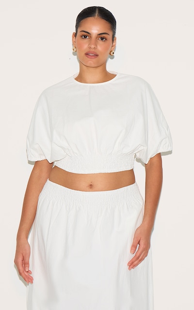 Plus White Shirred Waist Cap Sleeve Crop Top