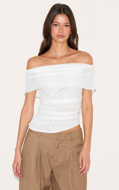 White Mesh Foldover Ruched Bandeau Top