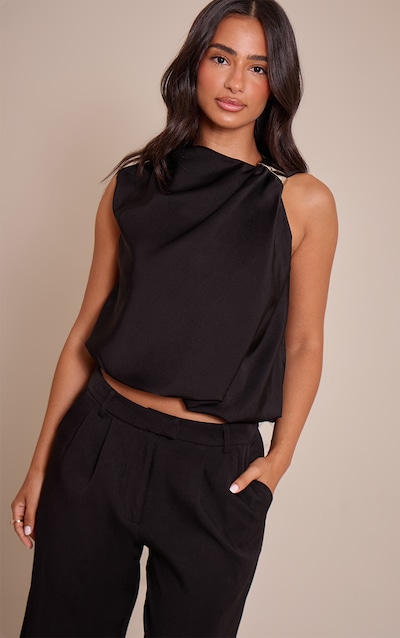 Petite Black Trim Detail Satin Sleeveless Top