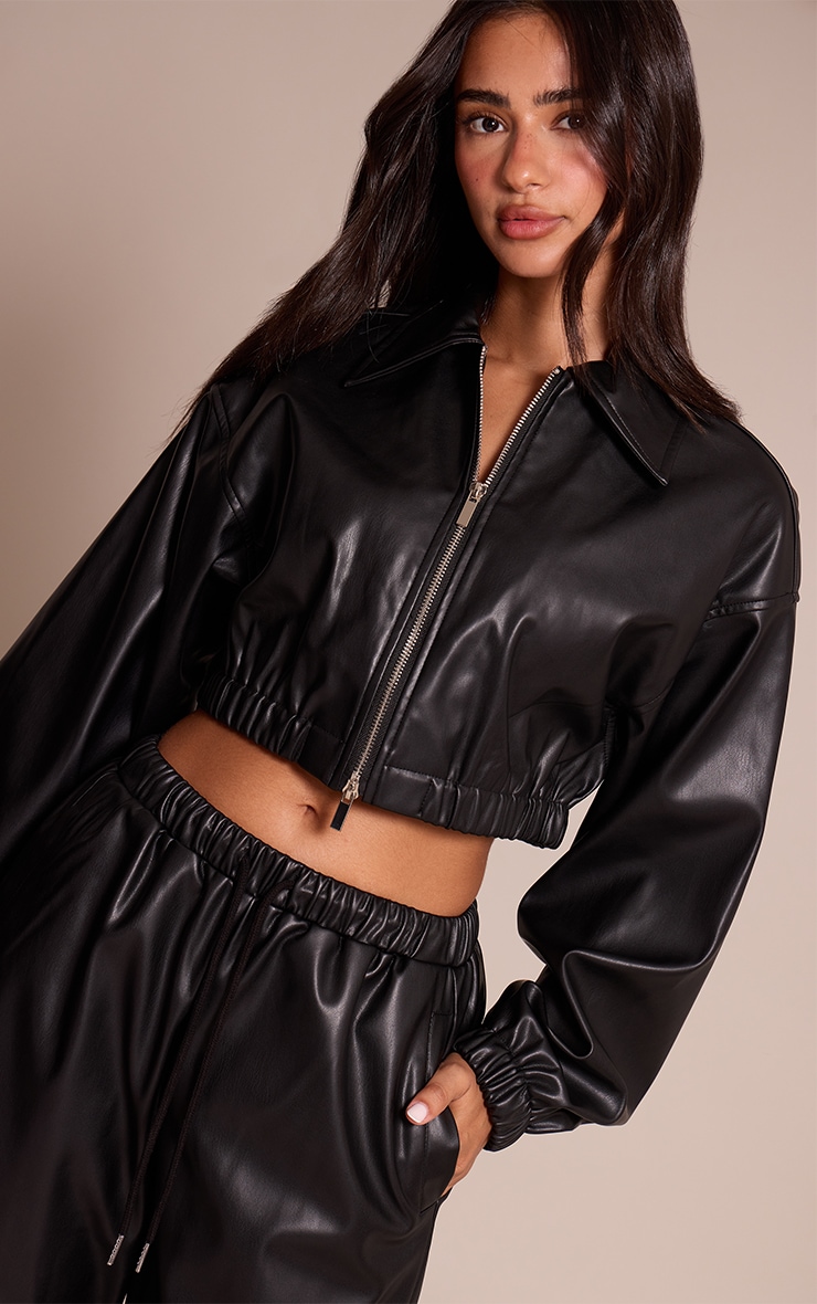 Petite Black Faux Leather Cropped Zip Up Jacket image 1