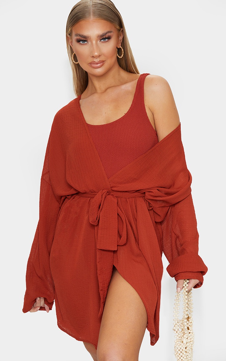 Brown Crinkle Textured Short Beach Kimono