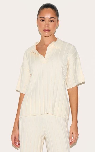 Cream Rib Knit Oversized Polo Top