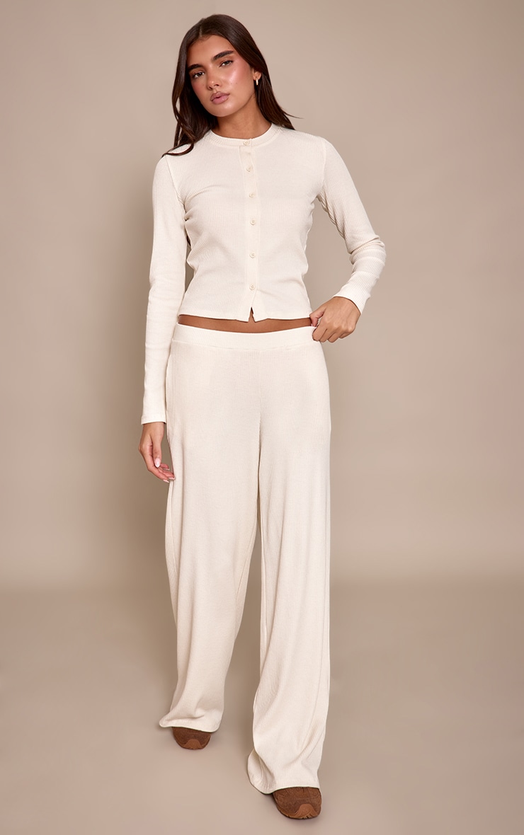 Cream Rib Drawstring Low Rise Straight Leg Pant  image 1