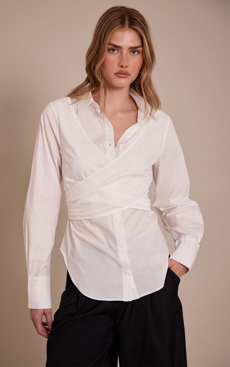 White Cotton Wrap Detail Longline Shirt