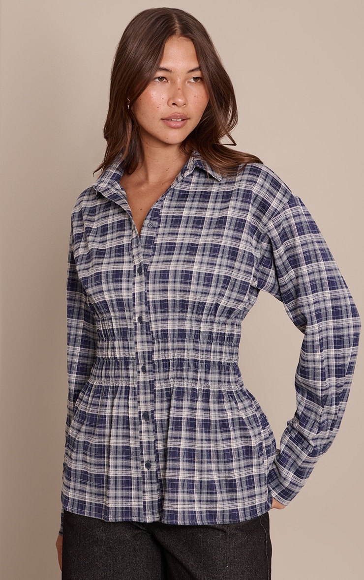 Blue Check Shirred Waist Shirt  image 1