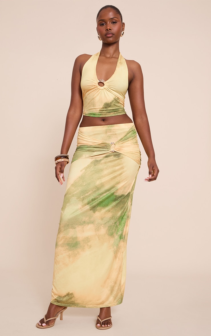 Green Abstract Print Gold Front Ring Detail Halterneck Top image 3