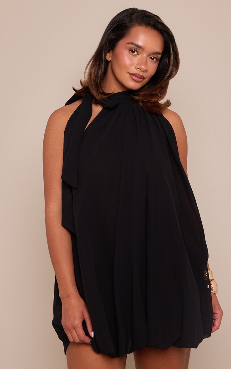 Black Chiffon Neck Tie Puffball Mini Dress