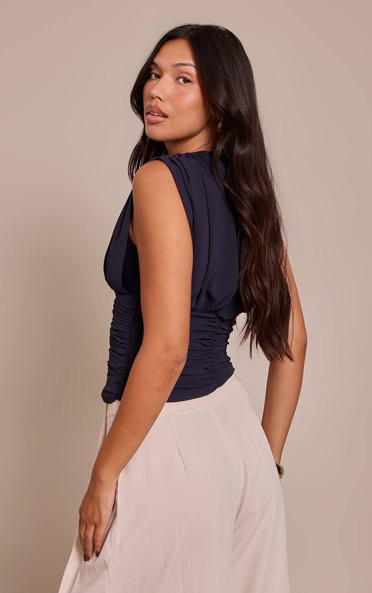 Navy Chiffon Plunge Ruched Bodice Top image 2
