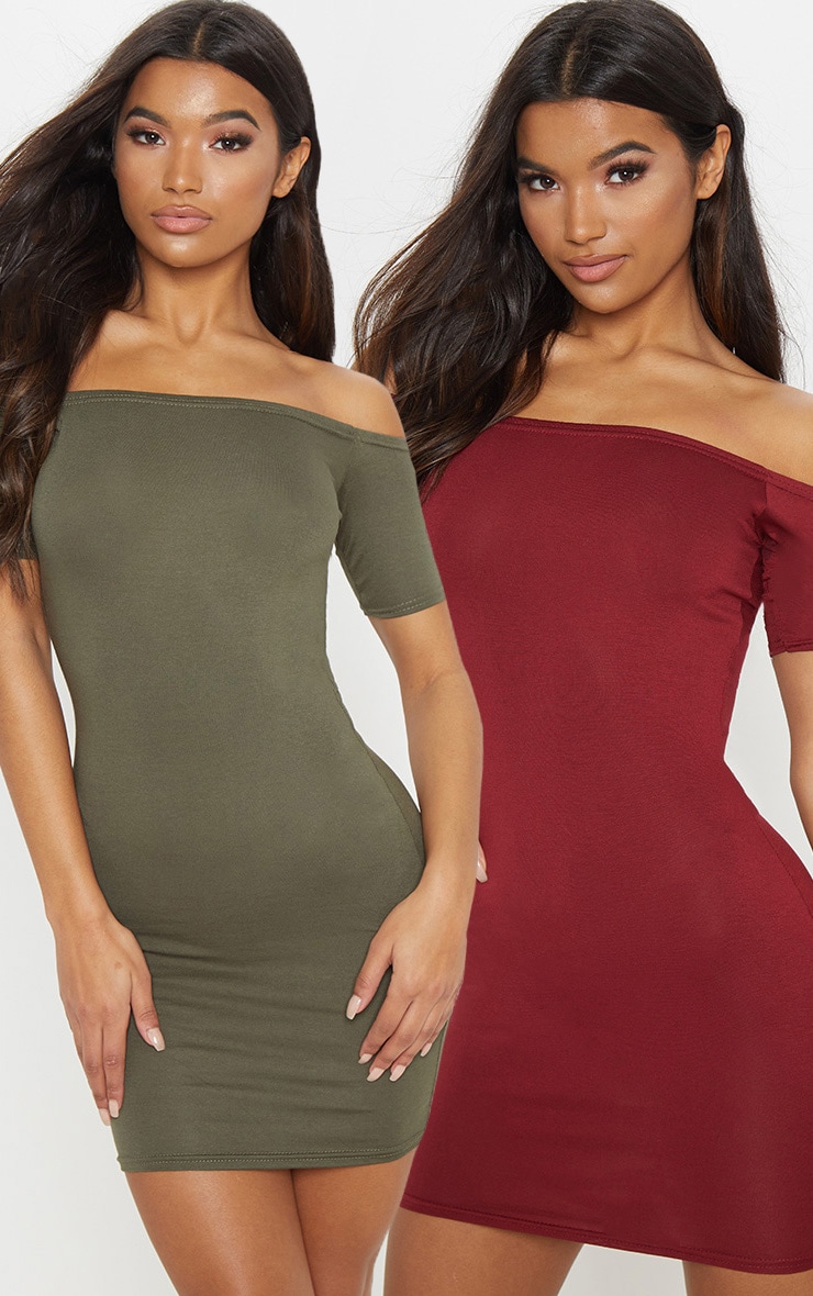 2 Pack Burgundy & Khaki Basic Bardot Bodycon Dress