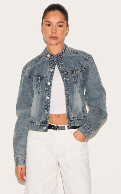 Veste en jean bleu vintage à col motard