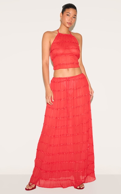 Tomato Chiffon Ruched Frill Detail Tiered Maxi Skirt