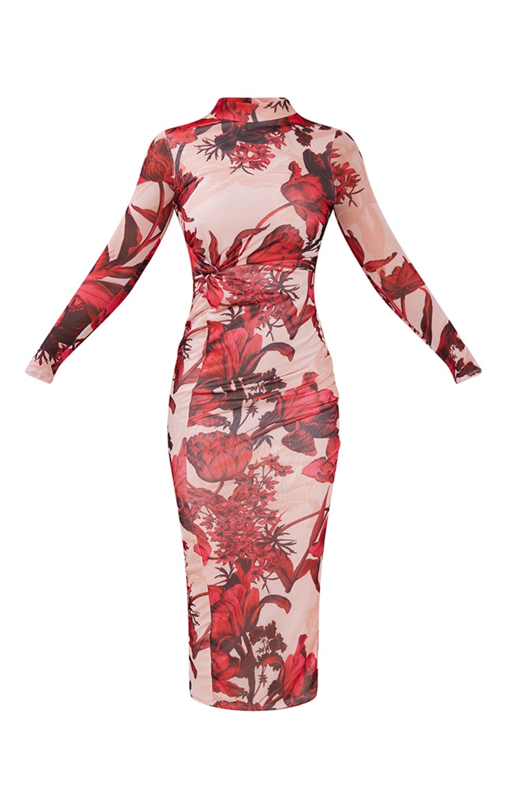 Nude Floral Print Mesh Twist Detail Long Sleeve Midaxi Dress image 5