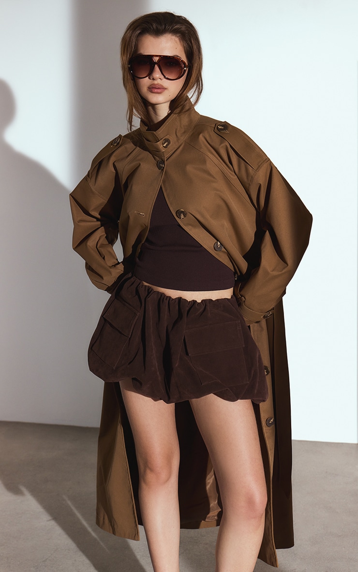 Chocolate Brown Faux Suede Pocket Detail Puffball Mini Skirt image 1