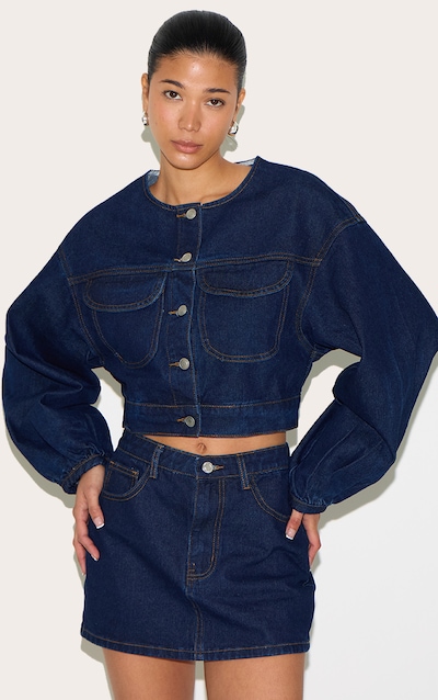 Veste courte en jean indigo à col rond