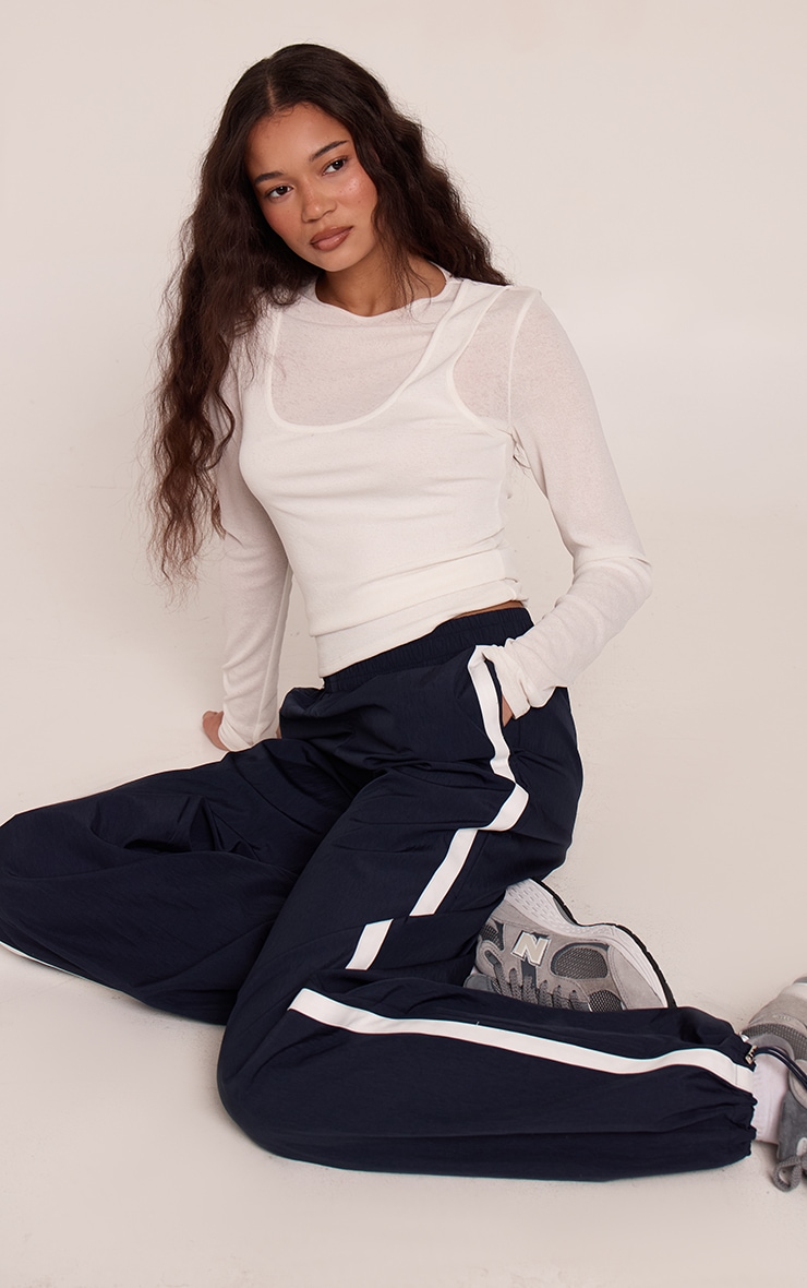 Navy Contrast Stripe Cuffed Pants image 1