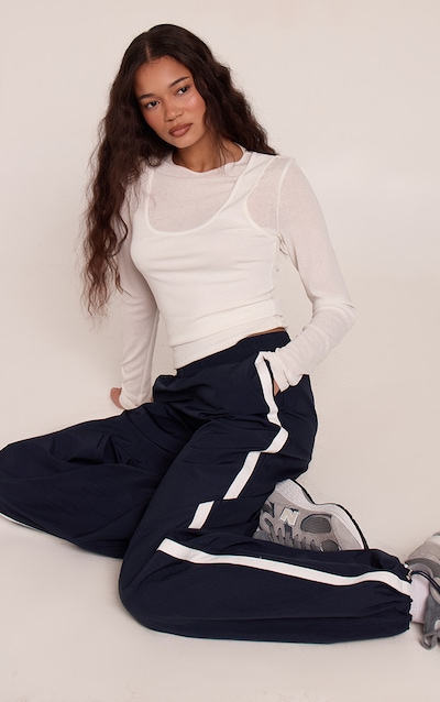 Navy Contrast Stripe Cuffed Trousers