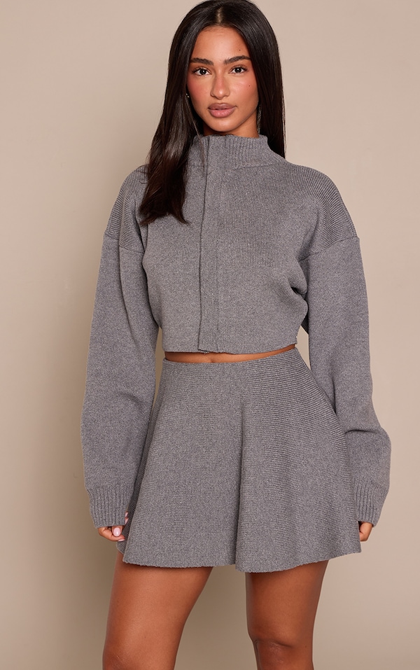 Petite Grey Marl Ribbed Knit Zip Up Cardigan 