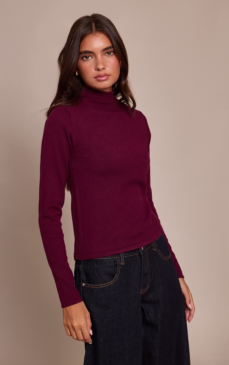 Pull en maille tricot fine bordeaux à col montant image 1