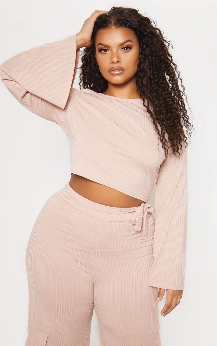 Plus Stone Ribbed Long Sleeve Crop Top PrettyLittleThing