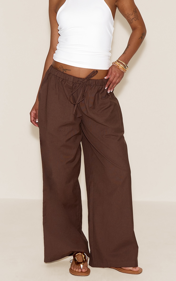 Petite Dark Chocolate Linen Drawstring Waist Pants image 2
