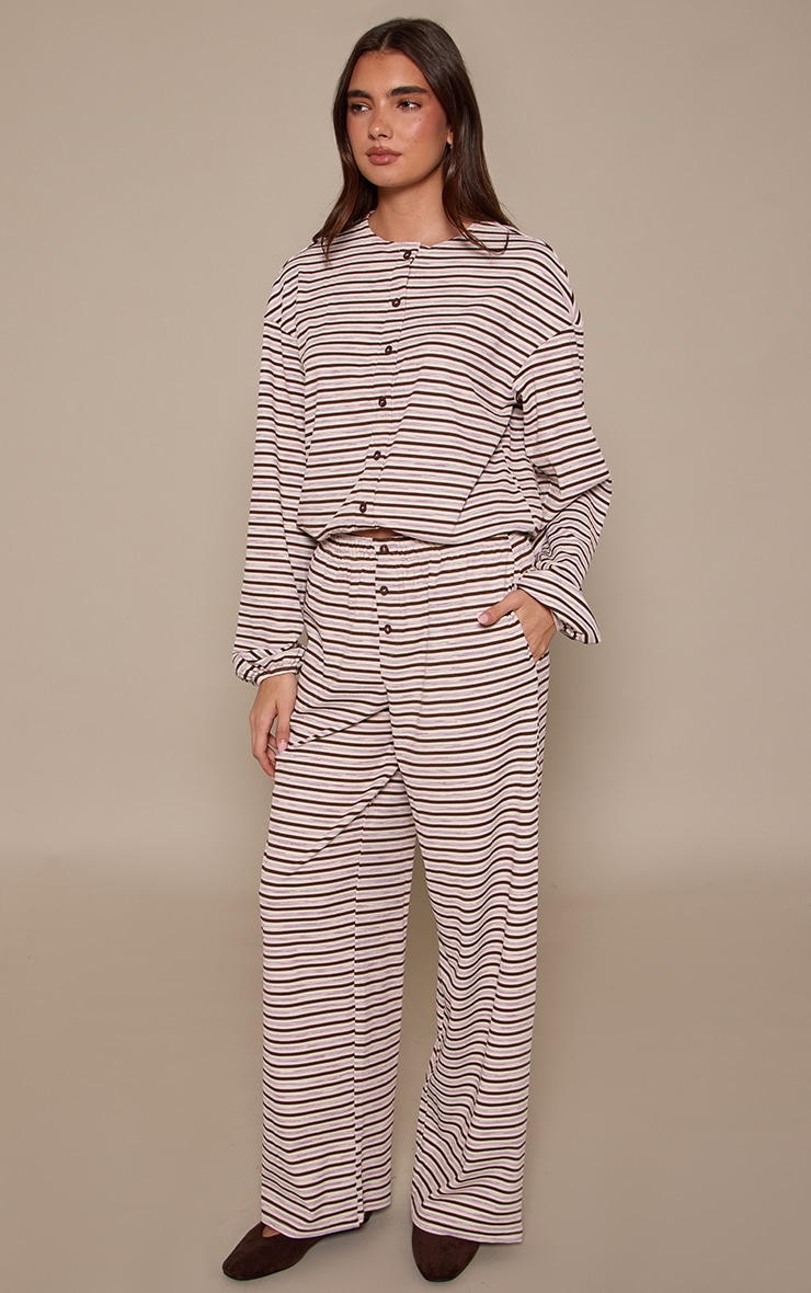 Dark Brown Stripe Soft Rib Relaxed Elasticated Trousers image 2