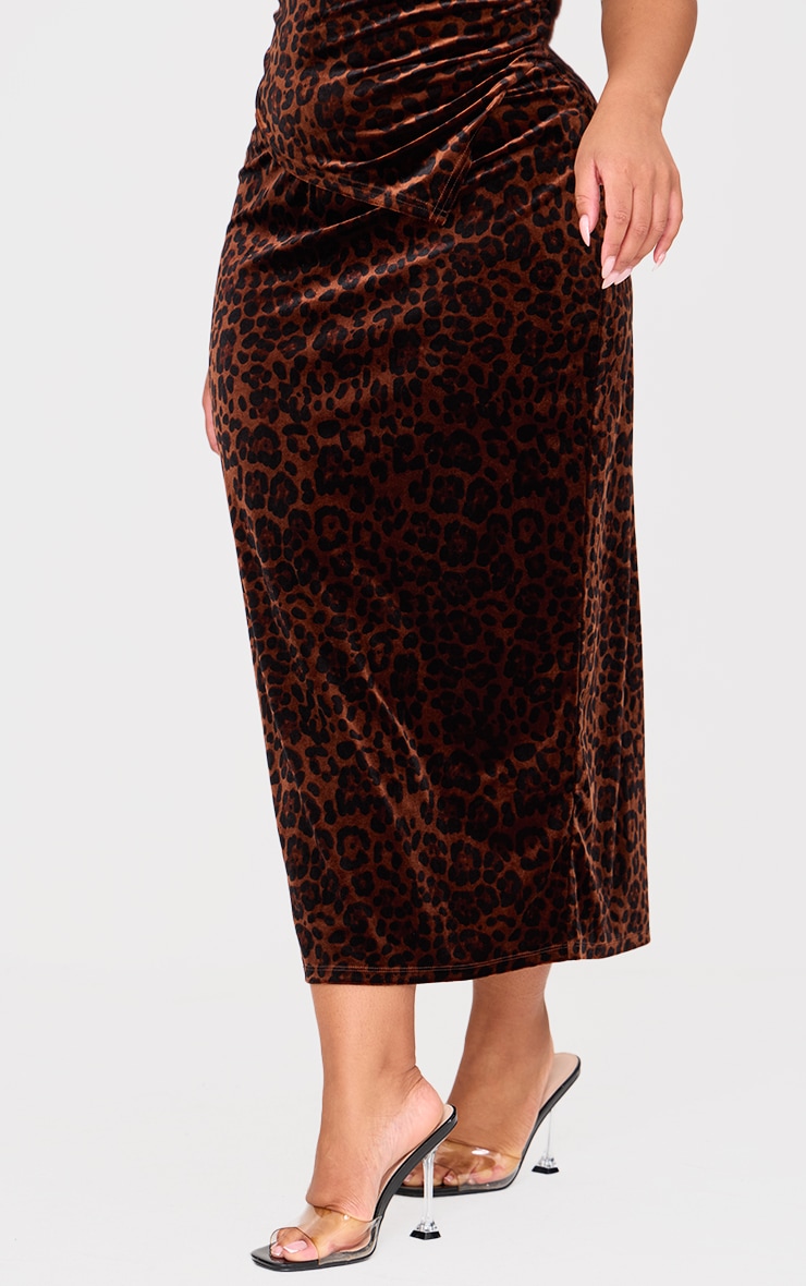 Plus Brown Velvet Animal Print Midi Skirt image 2