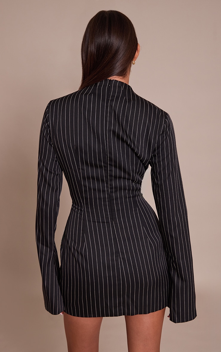 Black Pinstripe High Neck Flute Sleeve Bodycon Dress image 2