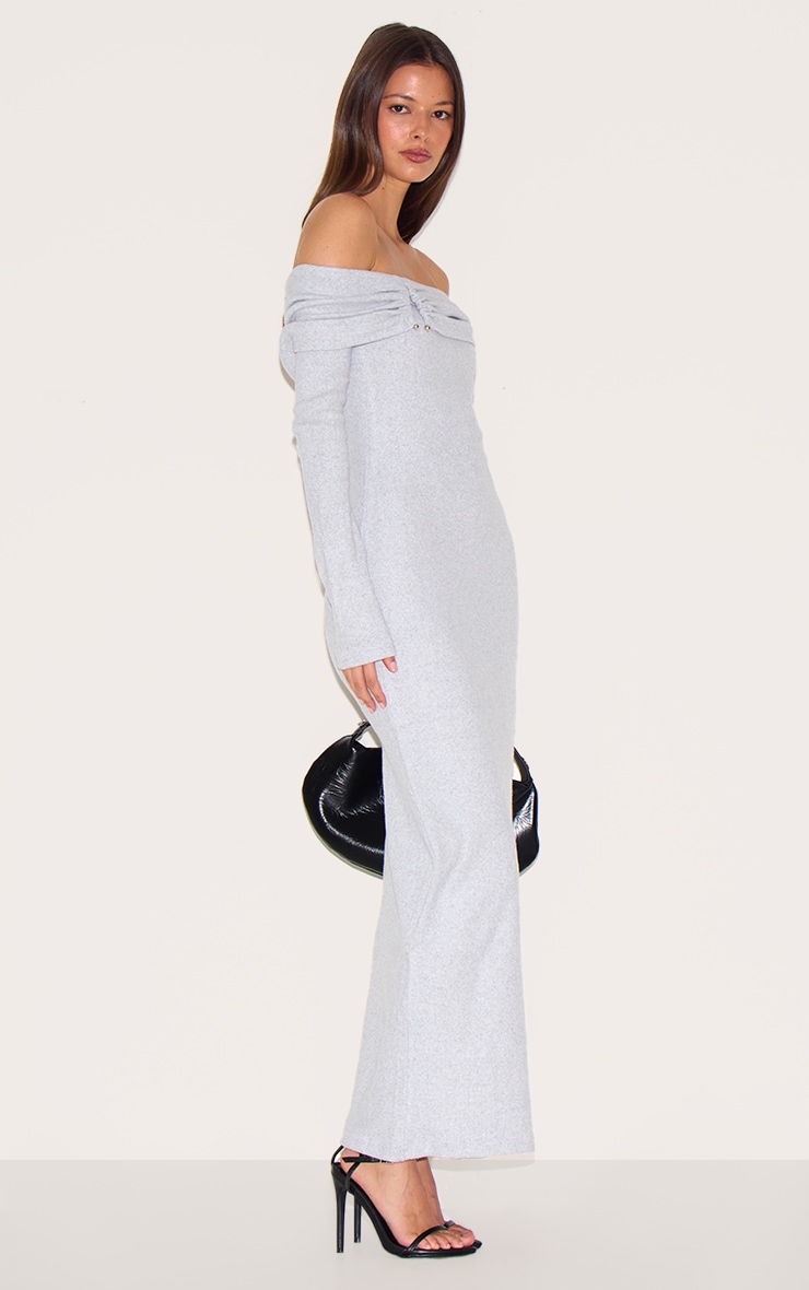 Ash Grey Heavy Brushed Rib Bardot Trim Maxi Dress image 3