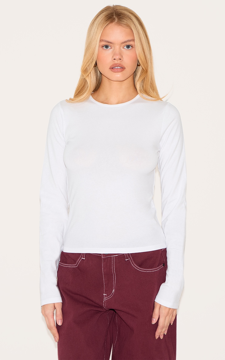 White Basic Cotton Long Sleeve Fitted T Shirt | Tops | PrettyLittleThing