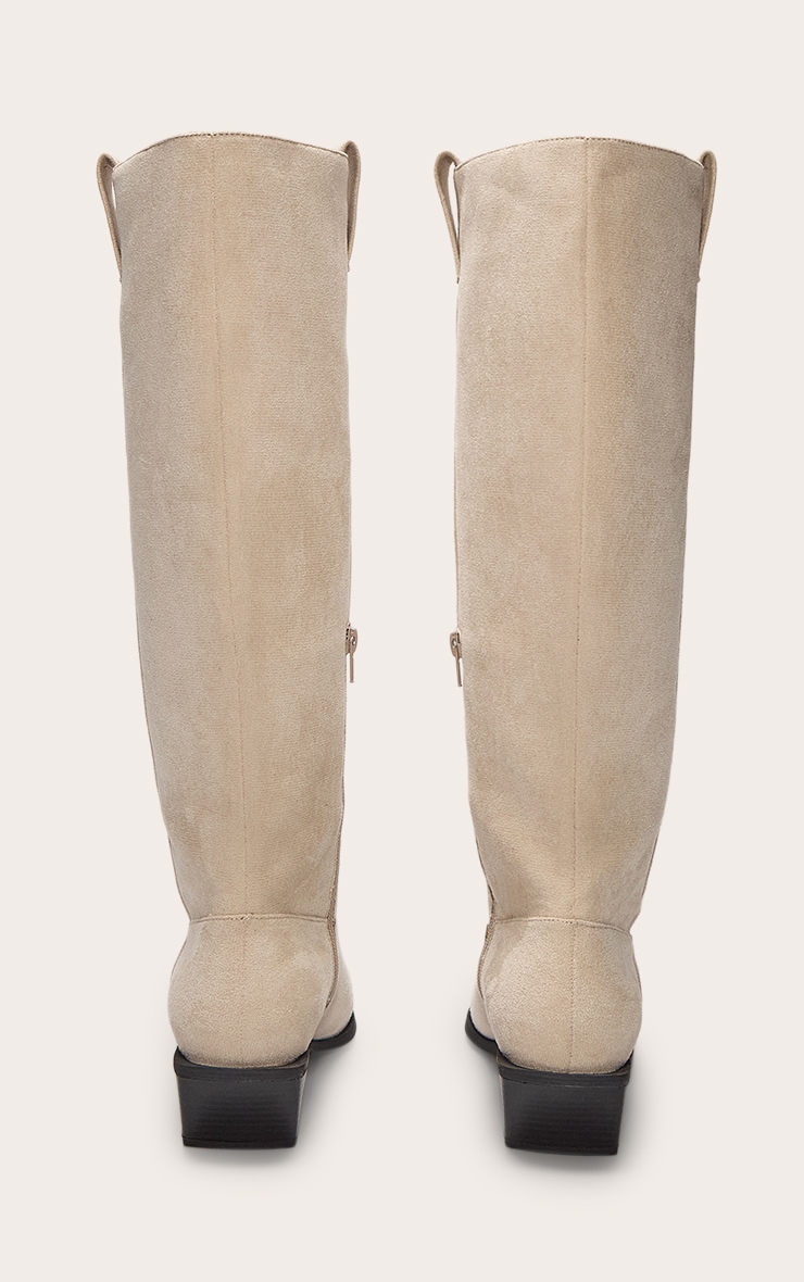 Cream Faux Suede Point Toe Western Knee High Boots image 3