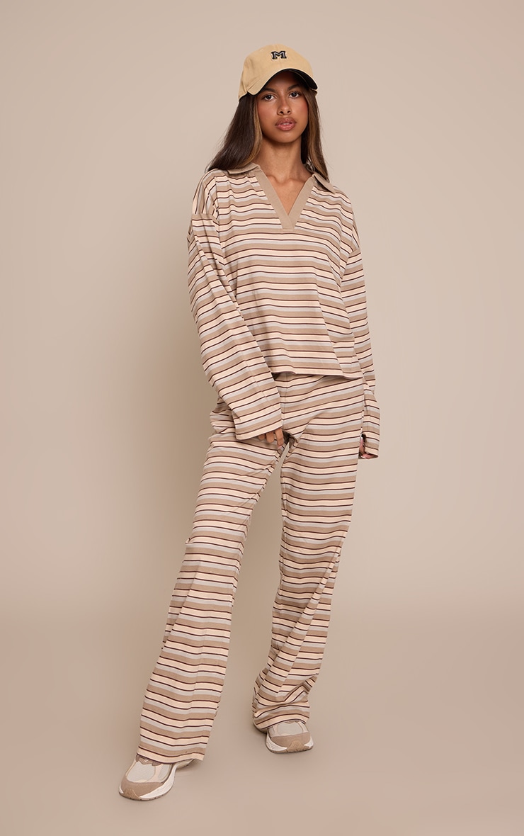 Petite Beige Striped Collared V Neck Top image 3