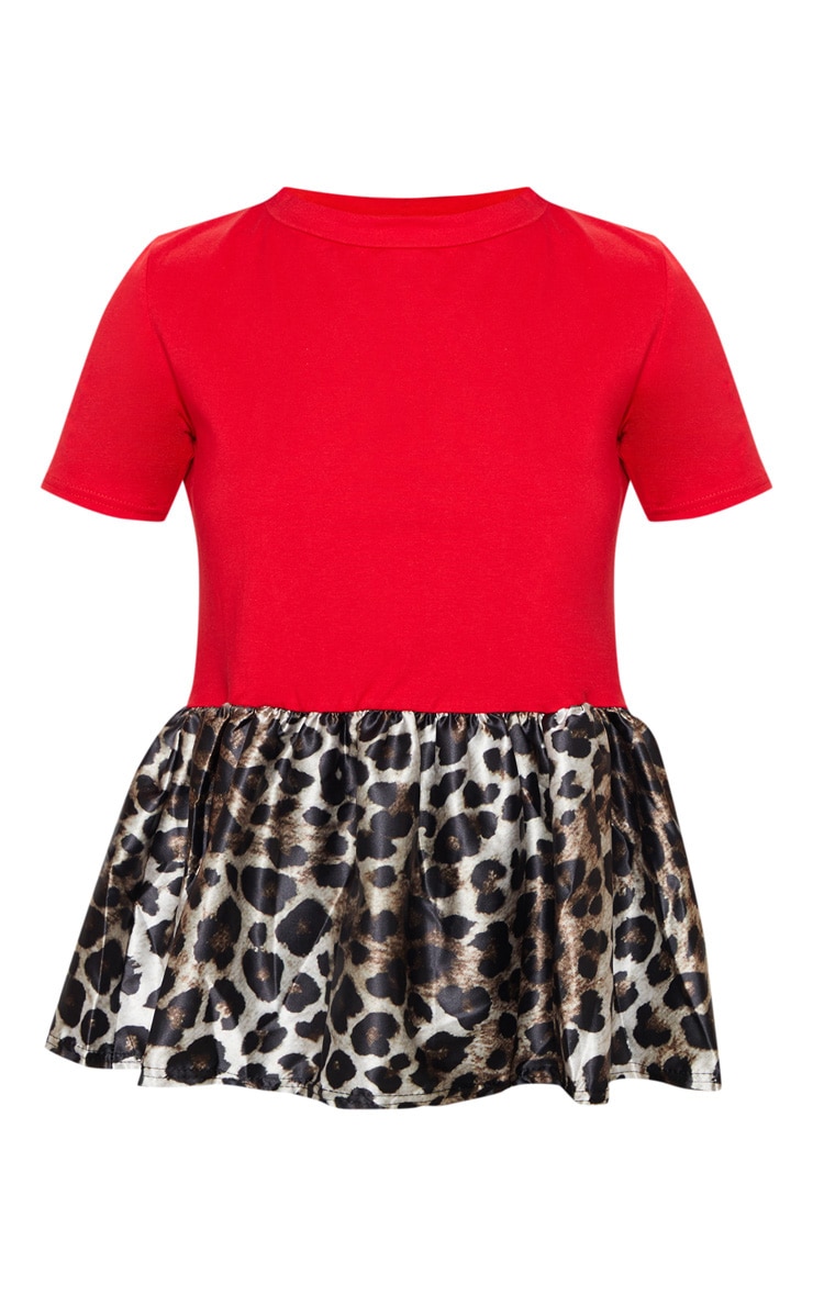 Red Leopard Print Contrast Frill Hem T shirt image 3