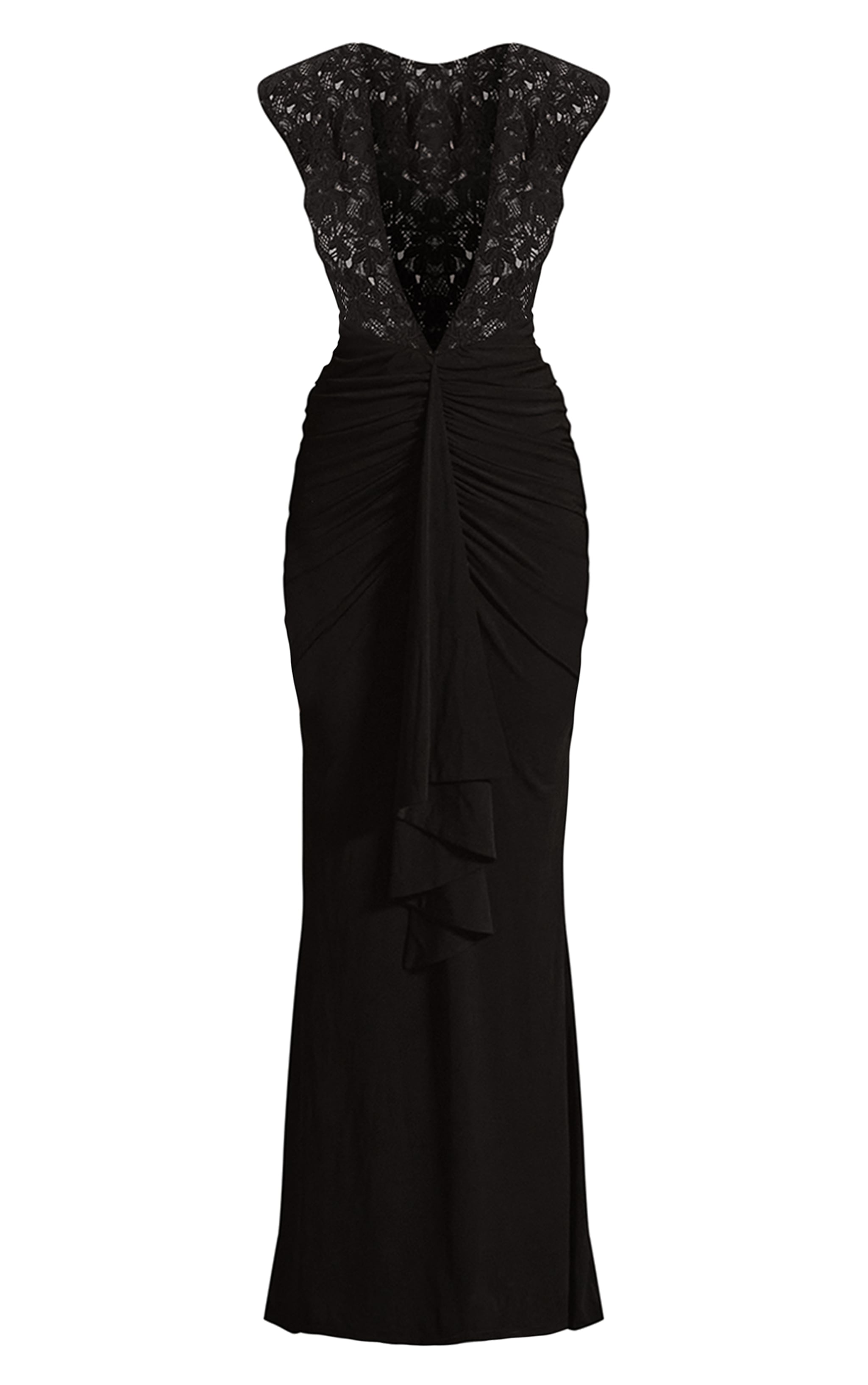 PLT Label Robe longue moulante en dentelle noire froncée à épaules exgérées et décolleté image 7