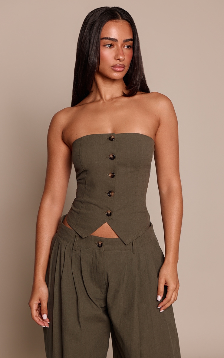 Petite Dark Khaki Linen Look Bandeau Button Up Top