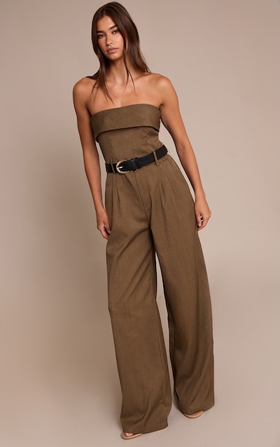 Khaki Woven Bandeau Belted Wide Leg Jumpsuit